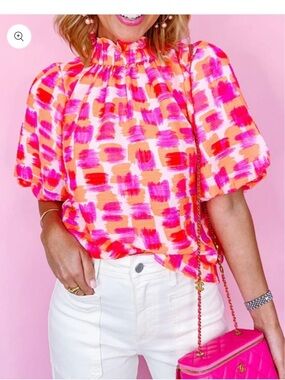 THML Pink and Orange Brushstroke Ruffle Neck Blouse